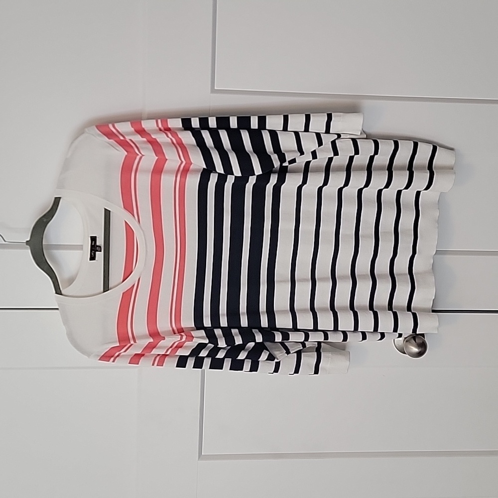 Women's Lety & Me Striped 3/4  sleeve sweater, navy, off-white, coral, size 2X